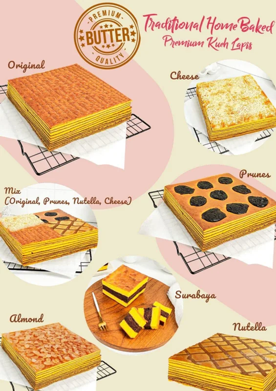 Kuih lapis flyer showing Original, Cheese, Prunes, Mix, Surabaya, Almond and Nutella