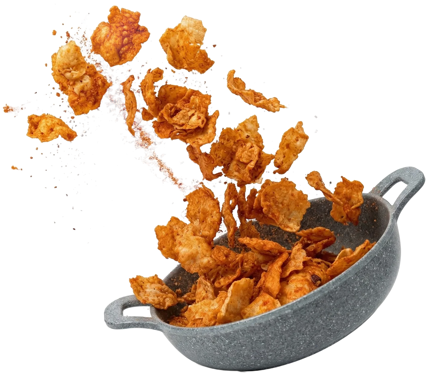 Emping Sultan Sweet & Spicy chips flying out of a wok